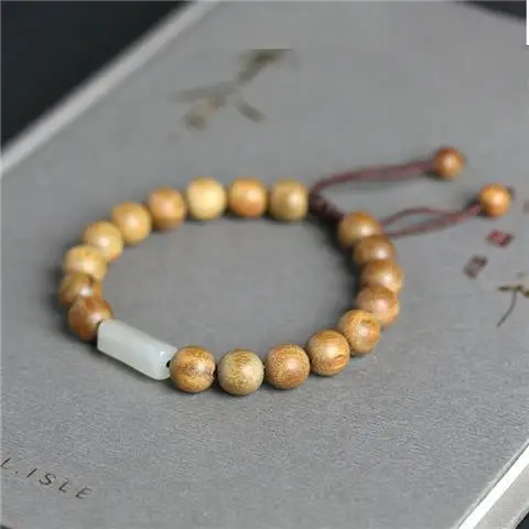 Natural Green Sandalwood Bracelet Hetian Jade Golden Sandalwood Buddha Beads Sandalwood Buddhist Meditation Beads Bracelet