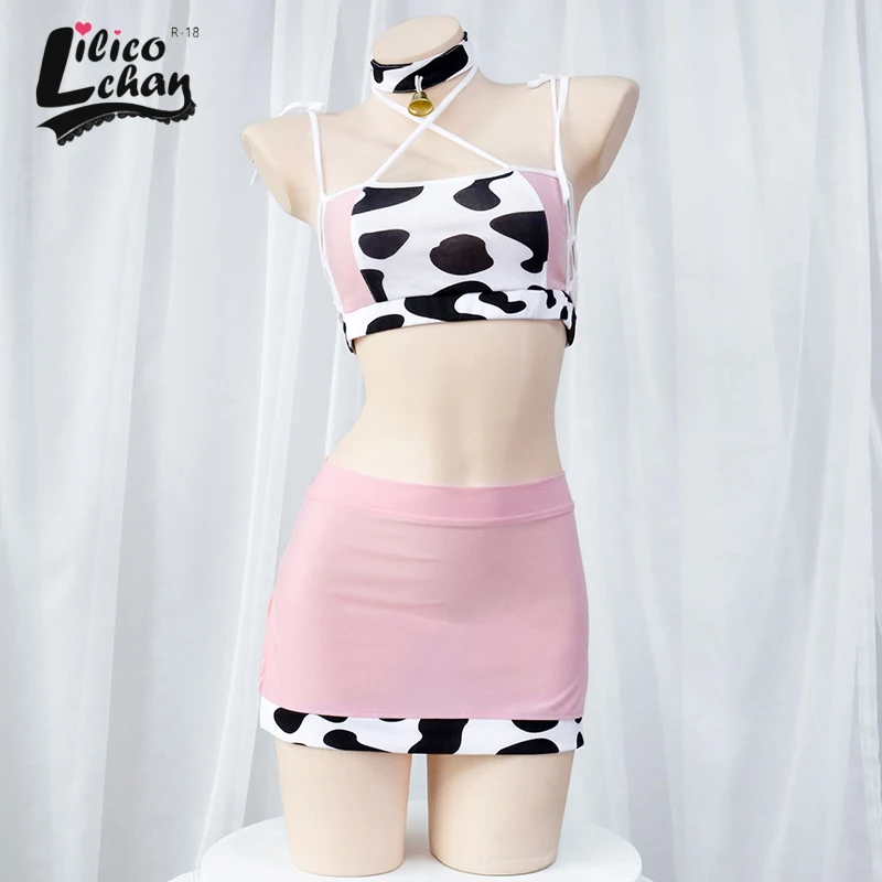 Pink Backless Women Cow Dress Suit Kawaii Sweet Lovely Cosplay Costumes Print Tempatation Mini Skirt Sexy Lingerie Sleepwear New