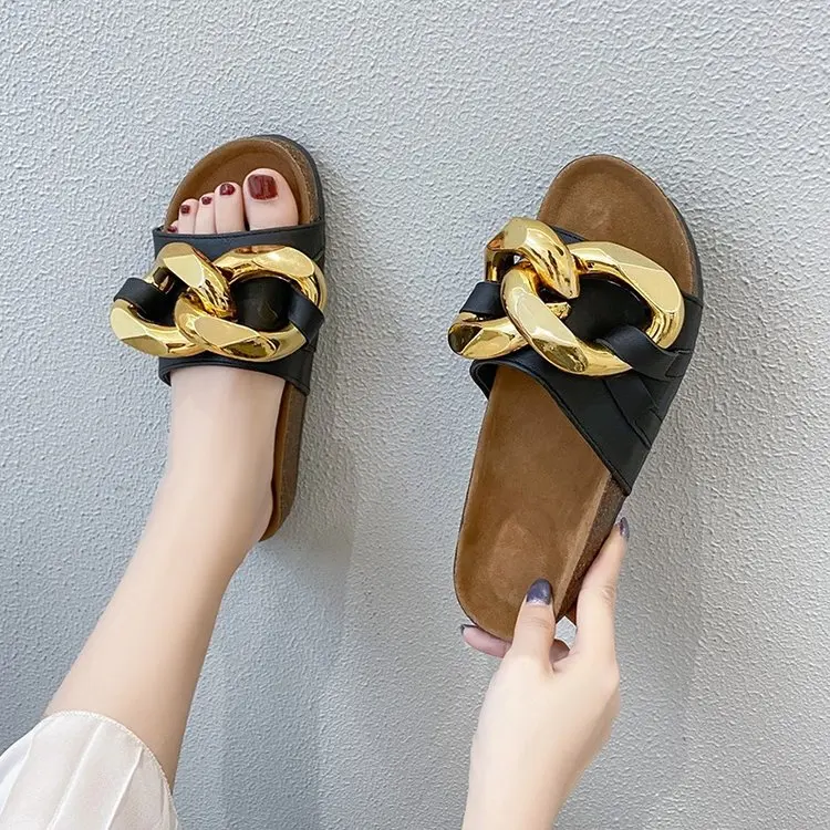 Women's Fashion Sandals 2022 Summer New Flat Bottom Solid Color Metal Chain Sandals Beach Women's Sandals  Women Shoes 43
