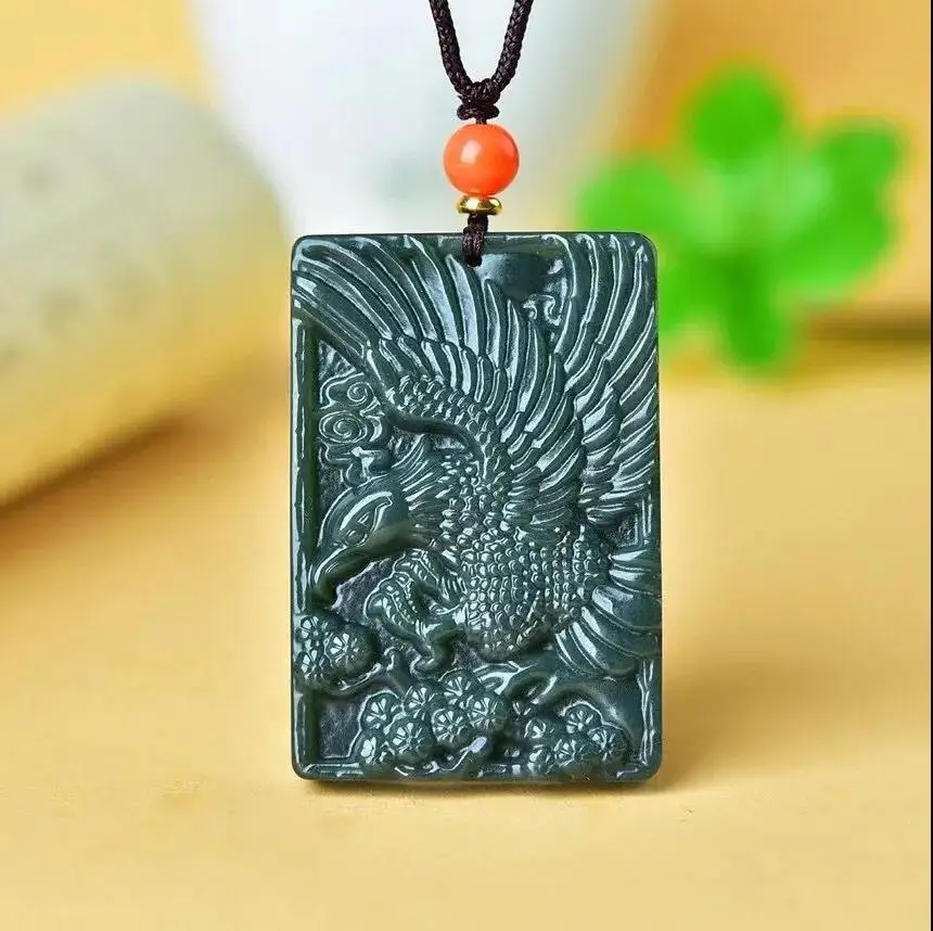 Hot Selling Natural Hetian Cyan Jade Hand-carve Eagle Necklace Pendant Fashion Jewelry Men Women Luck Gifts