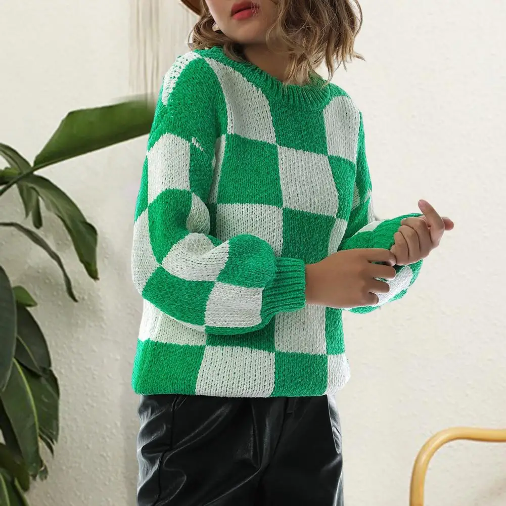 

Sweater Jumper Fashion Autumn Winter Checkerboard Print Coarse Yarn Loose Sweater Breathable Knitted Sweater