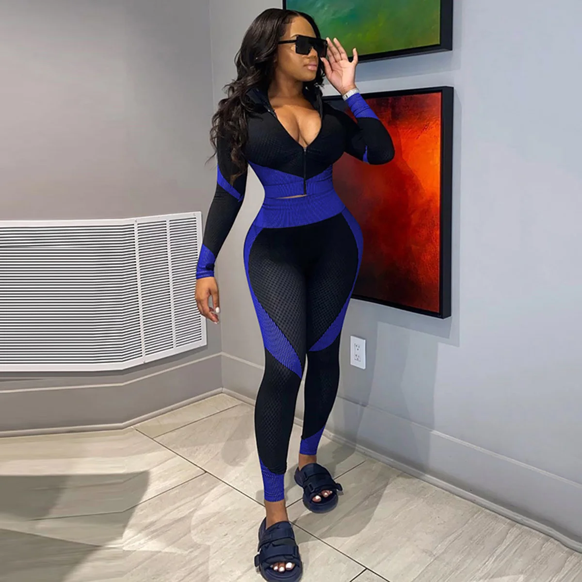 

Yeezzi Summer Female Contrast Color Long Sleeves Fitness Casual Breathable High Waist Tees&Leggings Suits for Women