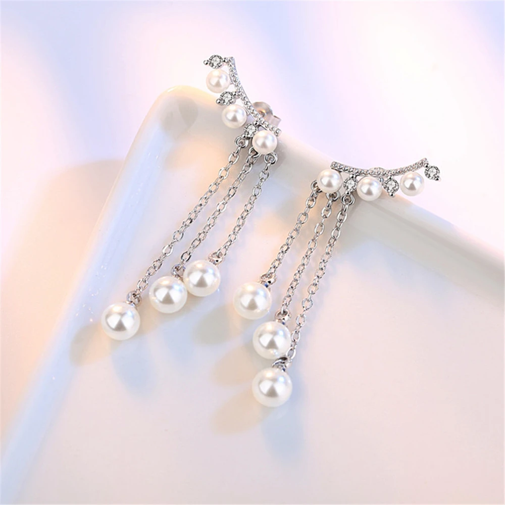 

925 Silver Needle Jewelry Women Brand Fashion Female Drop Earrings Long Exaggerated Tassel Pearl Earrings