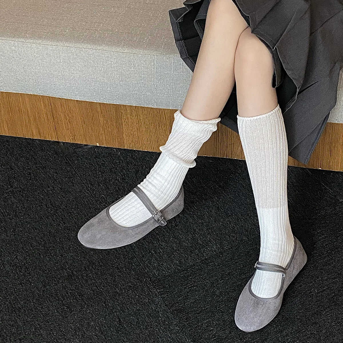 

For Woman Spring Summer Solid Color High Tube Knee Socks Stitching Knitted Sweet Vertical Stripe Pile Pile Stockings Long Sox