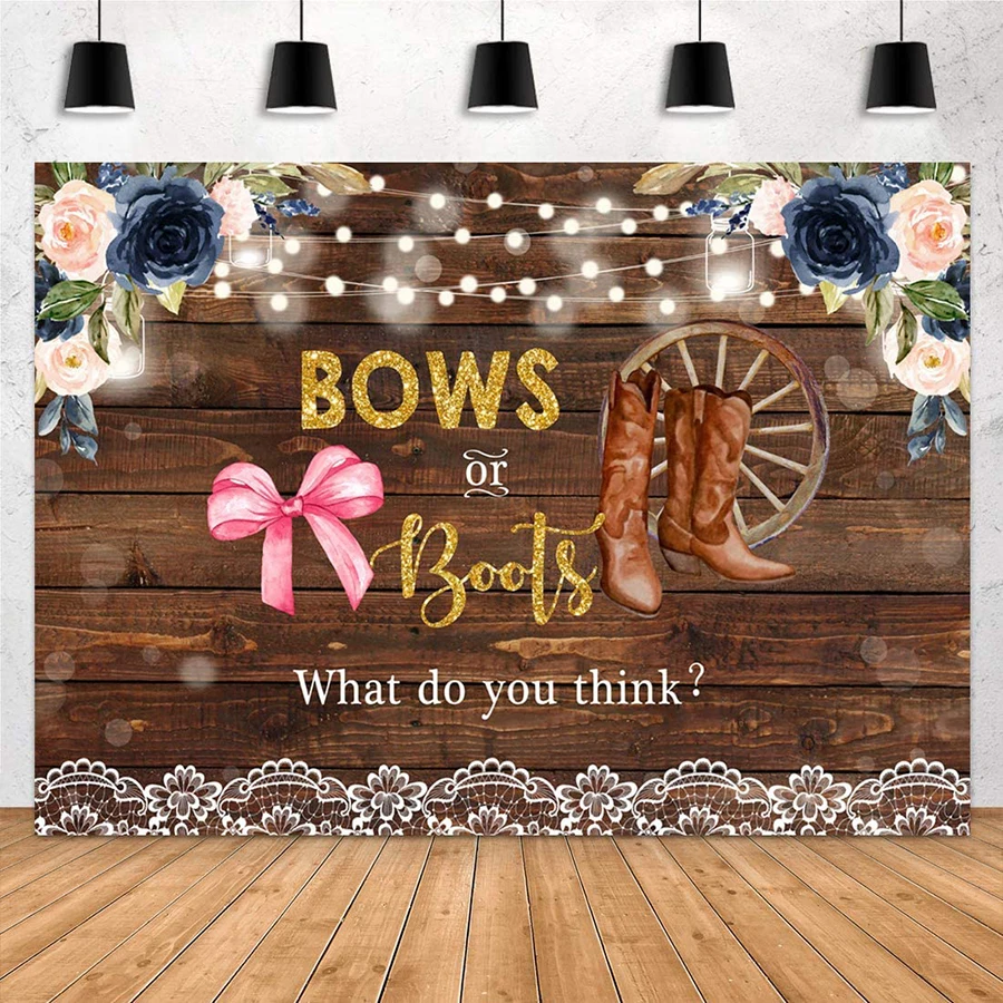 

7x5ft Bows or Boots Gender Reveal Photography Backdrop He or She What Will Baby Be Floral Rustic Wood Baby Shower Party Banner