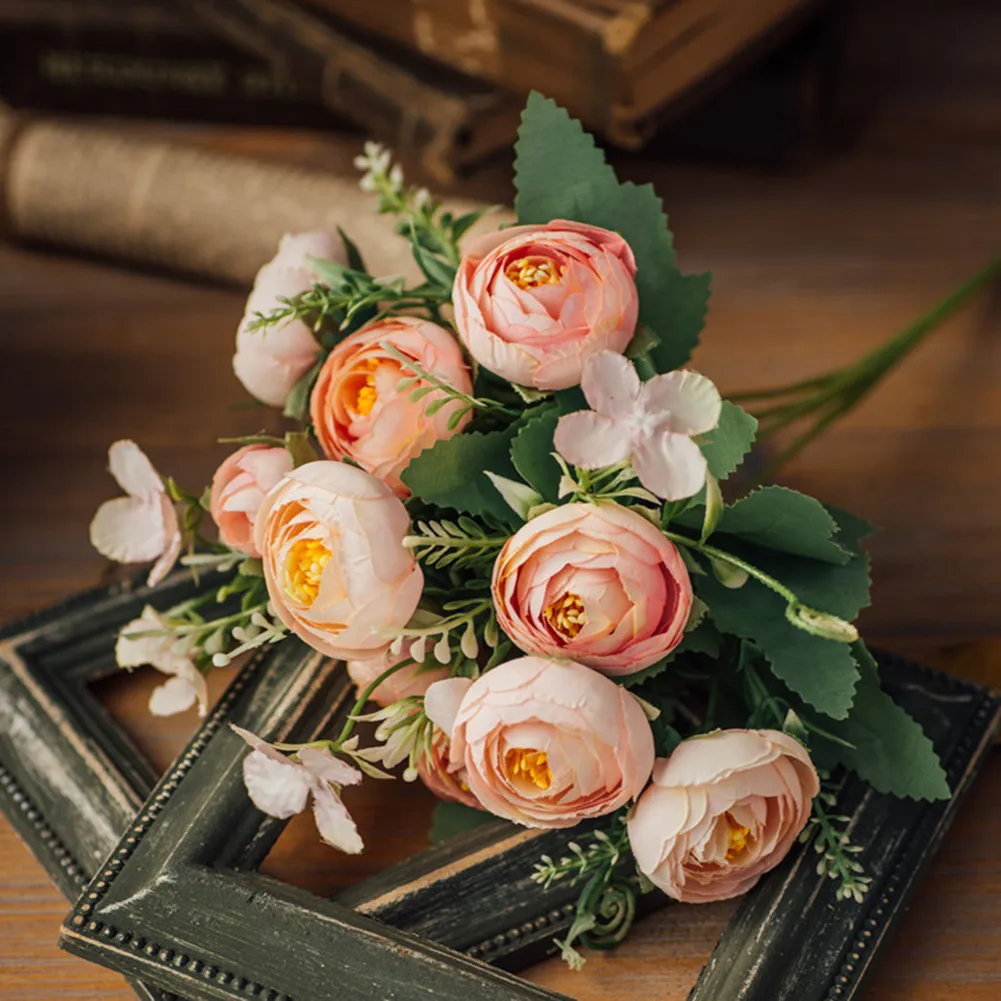 

10 Heads Vivid Small Peony Artificial Silk Tea Rose Plastic Fake Flower Bud Bouquet Flower DIY Garland Home Wedding Party Decor