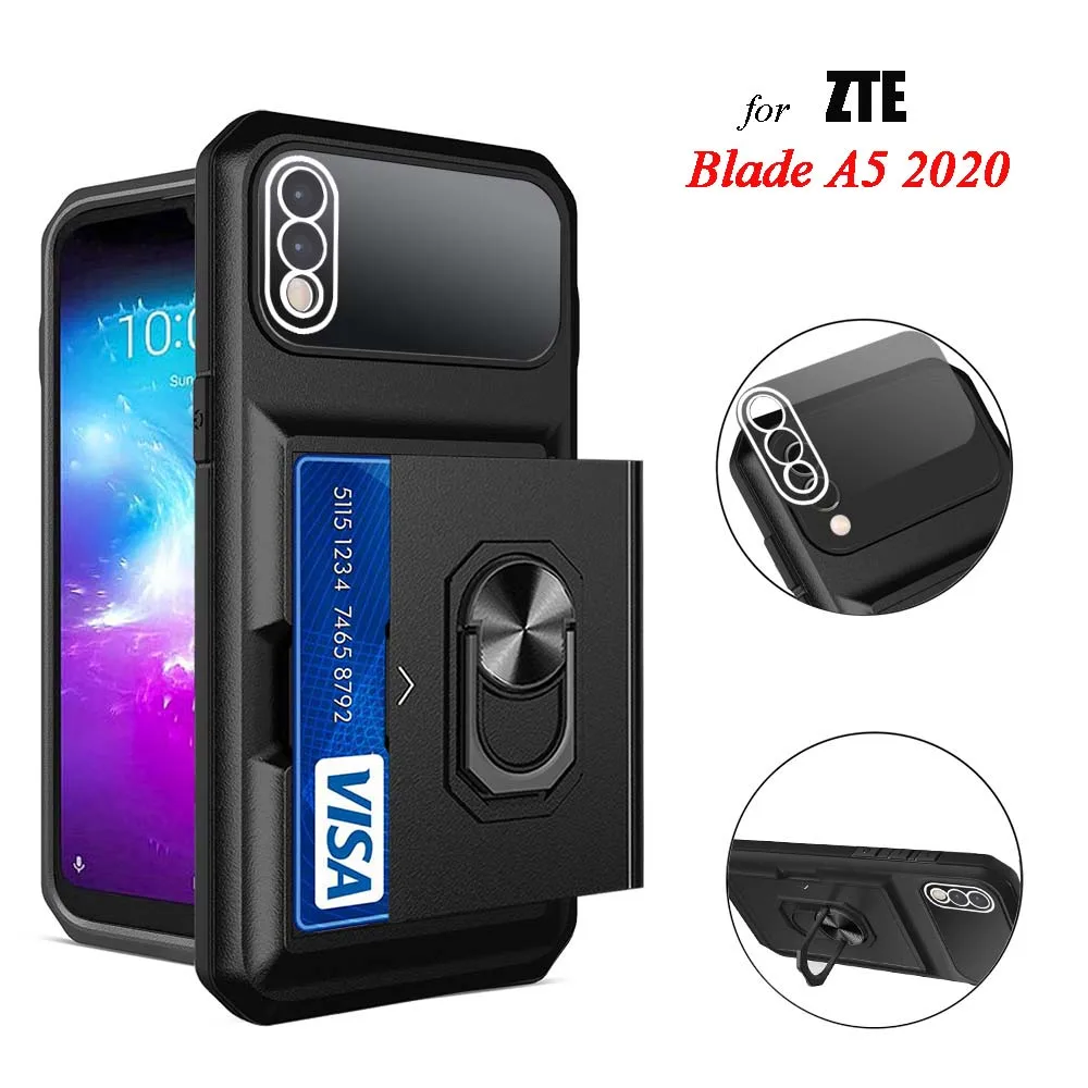 Multifunctional Shockproof Case for ZTE Blade A5 2020 Bumper Card Slot Camera Lens Protection Ring Stand Magnetic Pocket