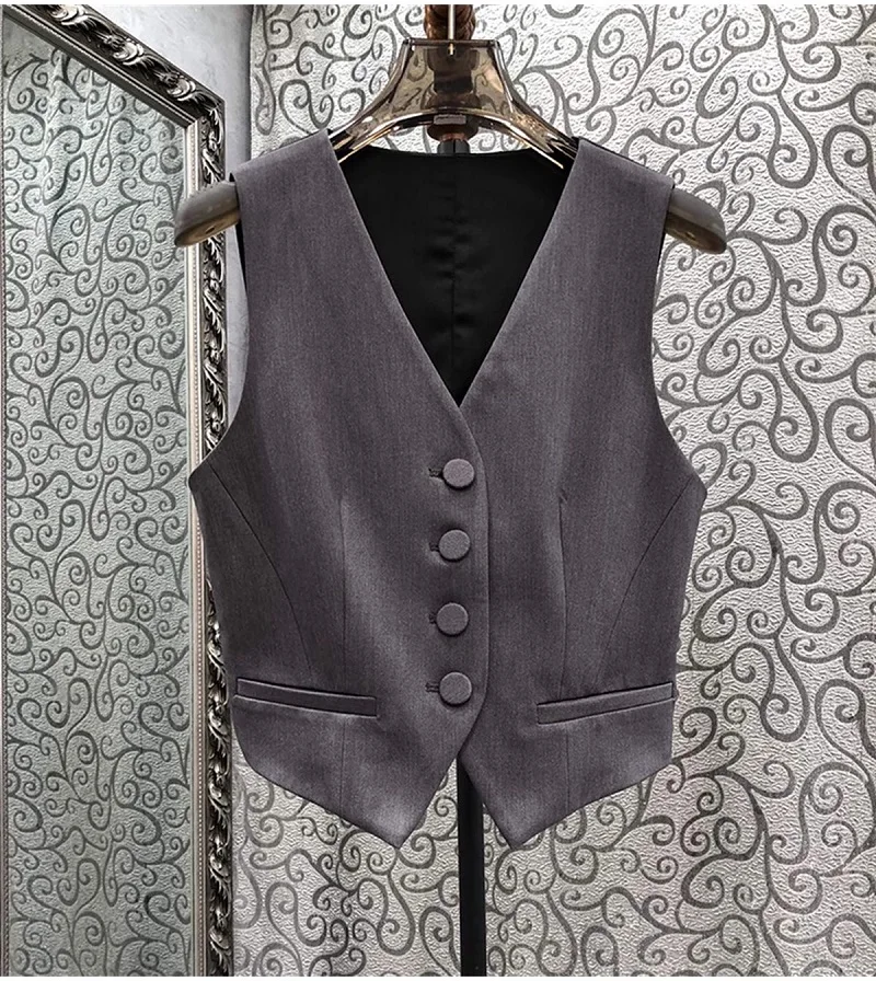 Женский жилет с V-образным вырезом Серый Повседневный в стиле пэчворк Осень-зима