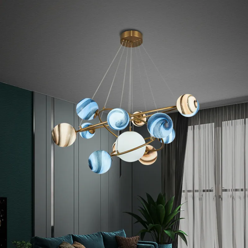 LED glass globe pendant light Wandering Earth planet chandelier Living Room Modern boys room light Creative chandelier rings