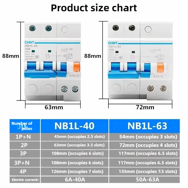 Фото Chint NB1L-40 NB1L-63 Бытовой автоматический выключатель остаточного тока 10-63A 2P 30/100/300 мА Защита от утечки для домашней безопасности №2