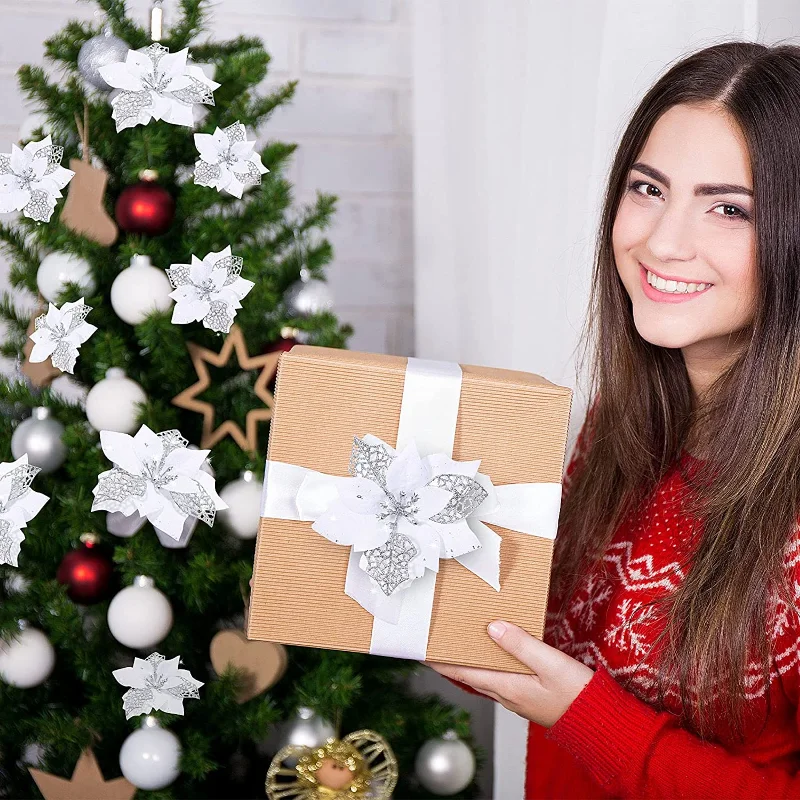 5 SZTUK brokatowych sztucznych kwiatów bożonarodzeniowych Ozdoby choinkowe Wesołych Świąt Dekoracje imprezowe do domu Prezenty noworoczne