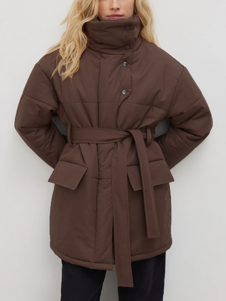 Thicken Quilted Jackets Women Winter Loose Parkas Coat Vintage Belted Outwear Office Ladies Warm Cotton Puffer Jackets 2022 New