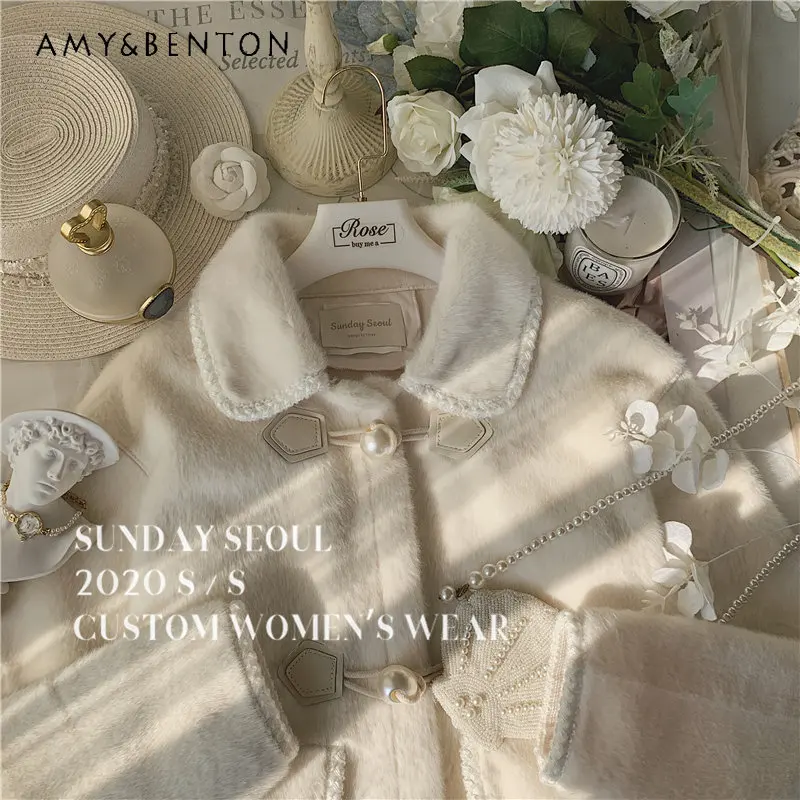 Elegant Pearl Buckle Mink Hair Fur Coat for Women New Fashion Polo Neck Single Breasted Jackets for Ladies Sweet Coats Female