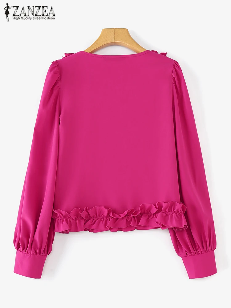 ZANZEA повседневная свободная однотонная блузка с v-образным вырезом 2024 винтажные