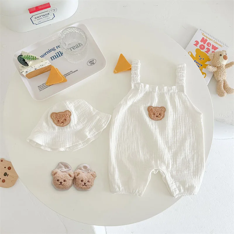 

Summer Baby Clothes Bear Sling Romper Hat Two Piece Set Toddler One Piece