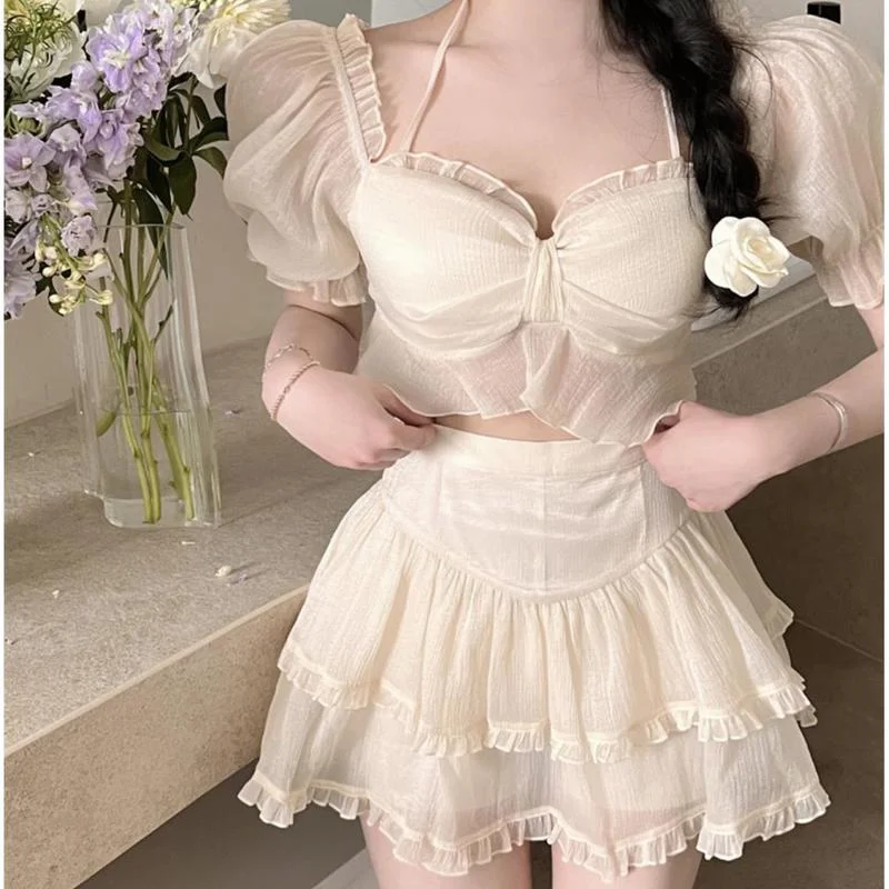 

Apricot Fashion Mesh Suit Women Summer 2 Pcs New Halter Short-sleeved Crop Top High Waist Cake Mini Skirt Sweet Two Piece Set