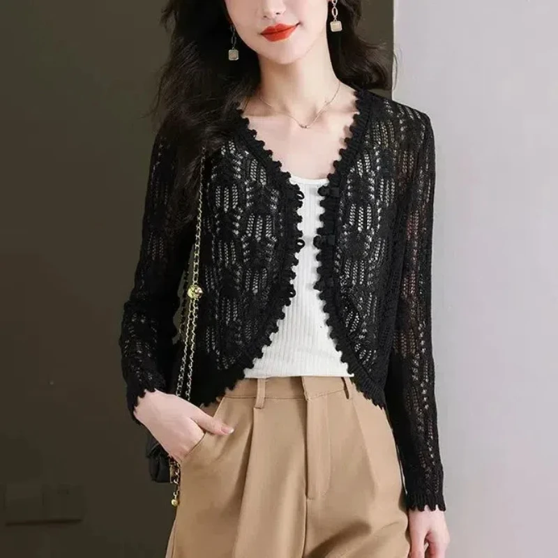 Ажурный вязаный кардиган женская летняя нишевая уникальная тонкая стильная