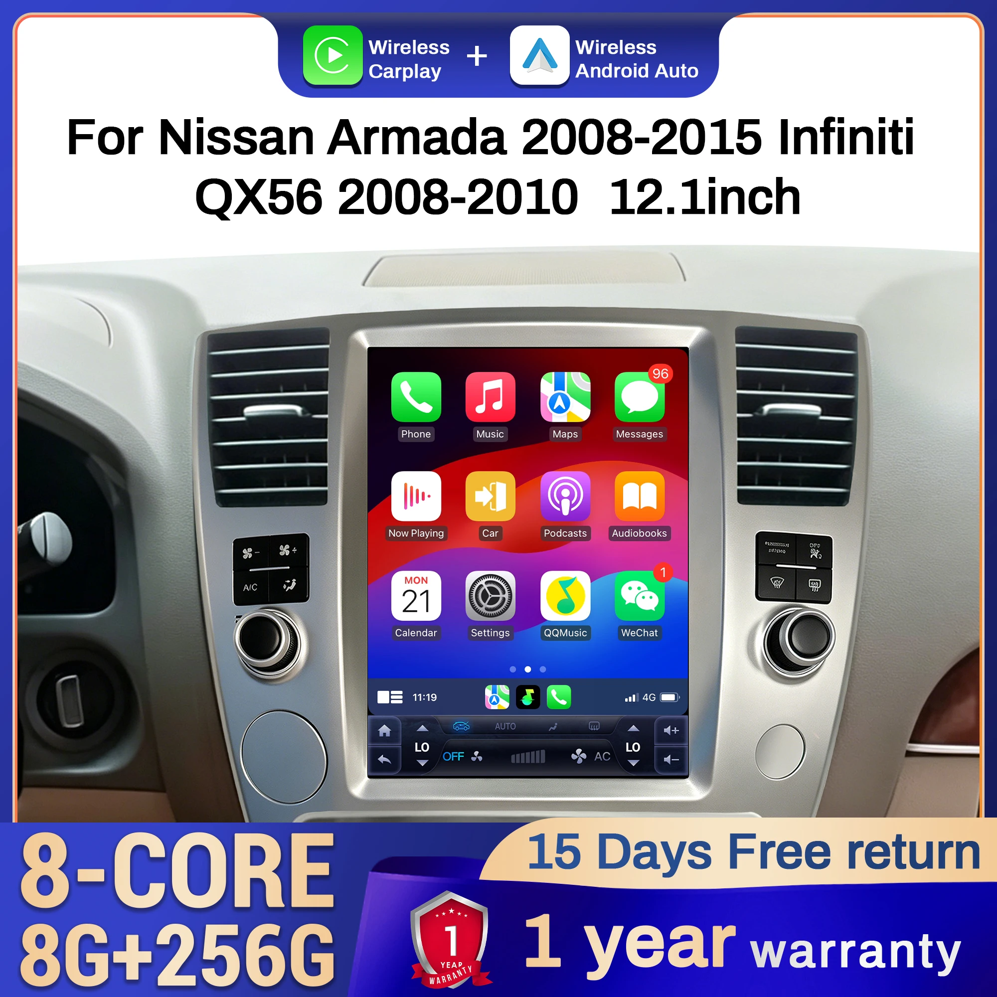 Фото 12,1-дюймовая автомобильная магнитола для Nissan Armada 2008-2015, Infiniti QX56 2008-2010, 4G, беспроводной Bluetooth, CarPlay №1