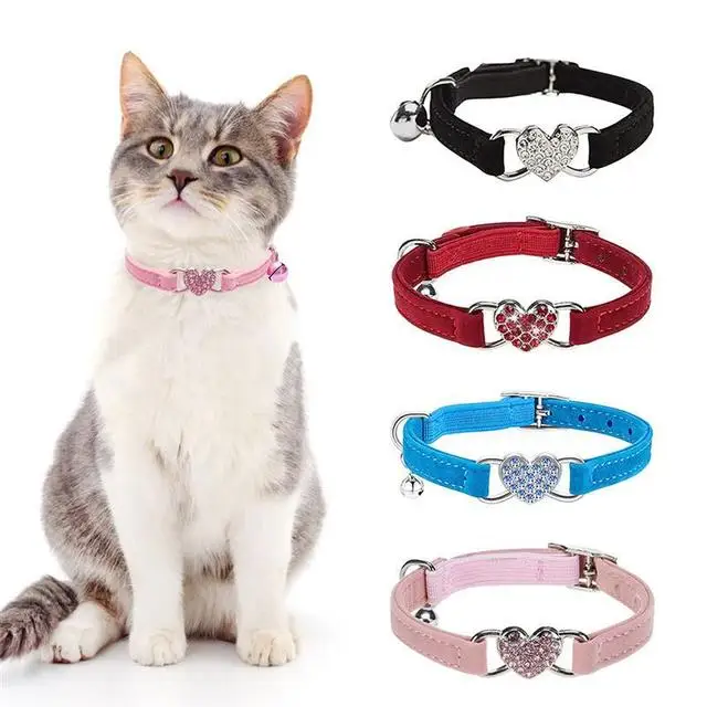 

Dog Collar Crystal Elastic Collar Velvet Bell Heart Shape Pet Necklacce Soft Bell Stretch Pet Puppy Collars ошейник для собак