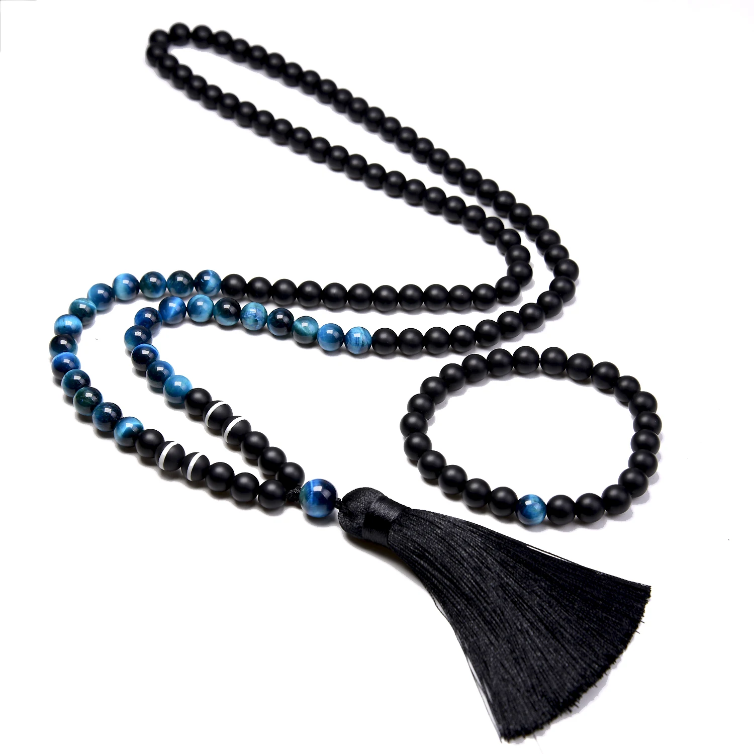 

8 MM Lake Blue Tiger Eyes Beads 108 Japamala Necklace Set Black Matte Onyx Meditation Yoga Jewelry Rosary Tassel Pendant