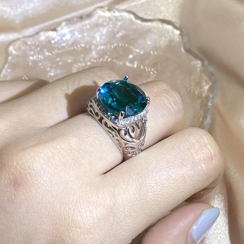 

HOYON Hand Decoration Imitation Green Topaz Gemstone Ring for Women Wedding Inlaid with Zircon Retro Flower Jewelry Free Ship