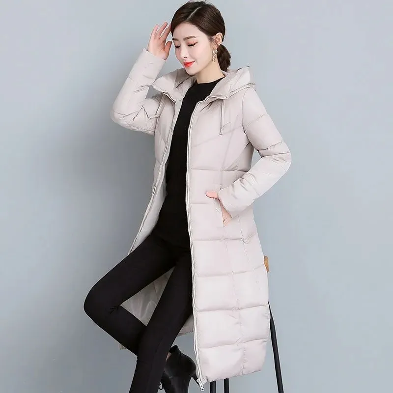 Women's Parka 2022 Winter New Long Padded Jackets Slim Waist Hooded Stand Collar Long Sleeve Solid Casual Mother Coat Female Top