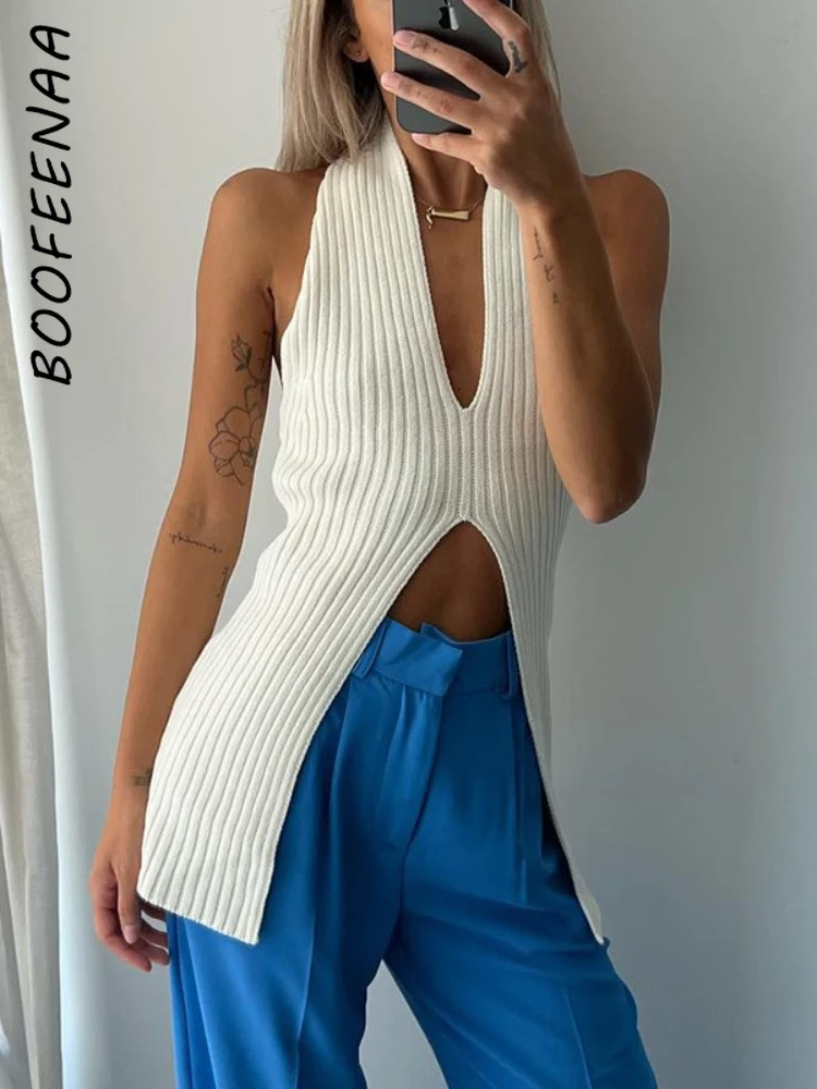 

BOOFEENAA белые вязаные майки с V-образным вырезом для женщин 2022 модные сексуальные рубашки без рукавов с открытой спиной разрезом Длинный жилет