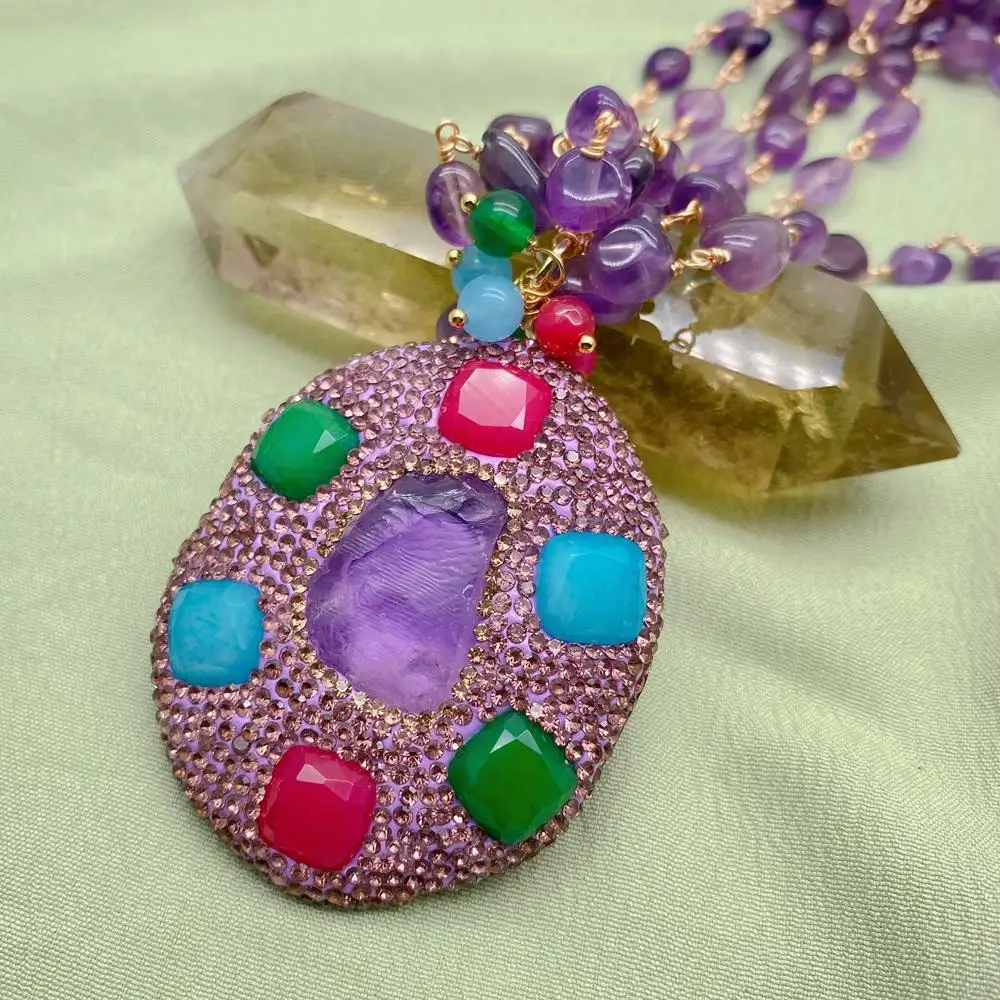 YYGEM 3 нити натуральный 8x10 мм фиолетовый аметист четки цепочка ожерелье 56x47 большой