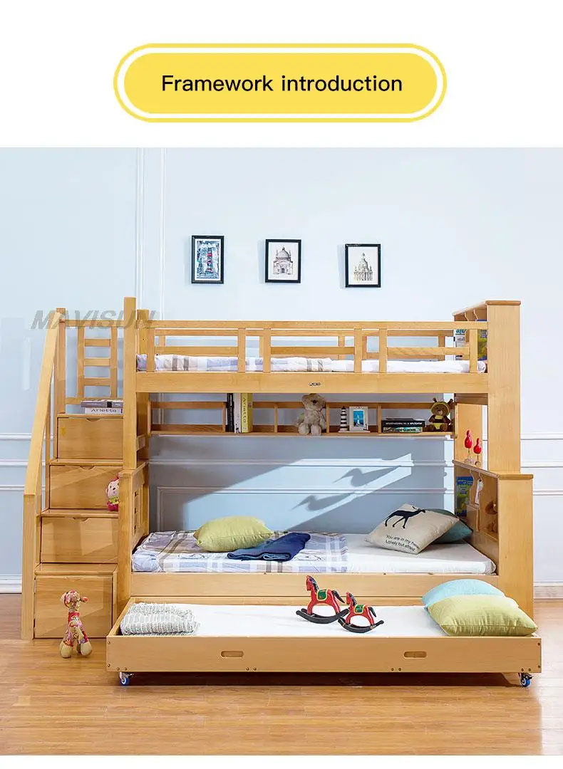 

Japanese Style Ladder Bed Environmental Protection German Beech Wood Bunk Bed Strong Multifunctional Storage Combination