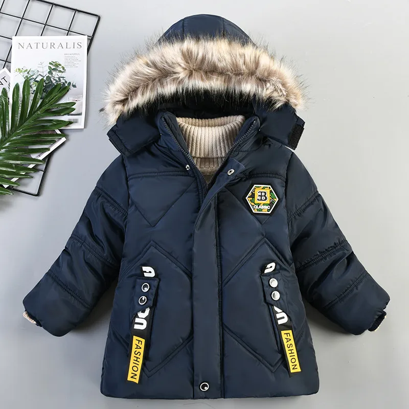 

Winter boy jacket fashion Korean letter printing plus velvet warm fur collar hooded Fashion Versatile quality childrens clothing