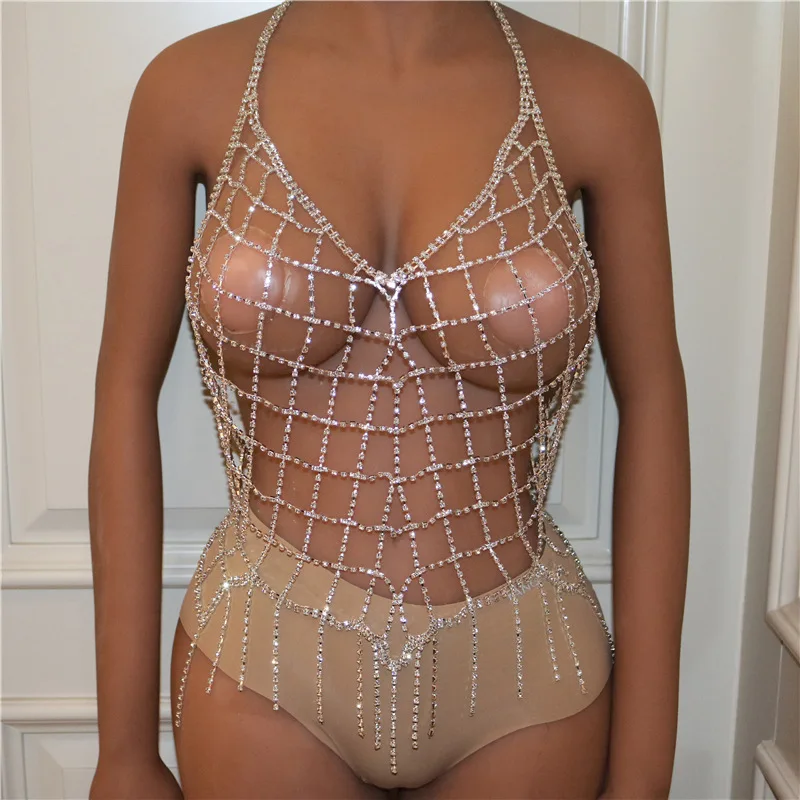 

Цепочка для тела со стразами Ретро преувеличенные сексуальные сетчатые ювелирные изделия для бюстгальтера с кисточками и кристаллами