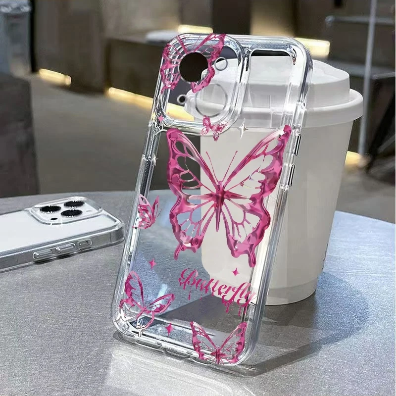 Фото Прозрачный противоударный чехол Y2K с блестками и бабочками для iPhone 17 Air, 16E, 16, 15, 14, 11 Pro Max Plus, 13, 12 Mini, 8, 7, X №4
