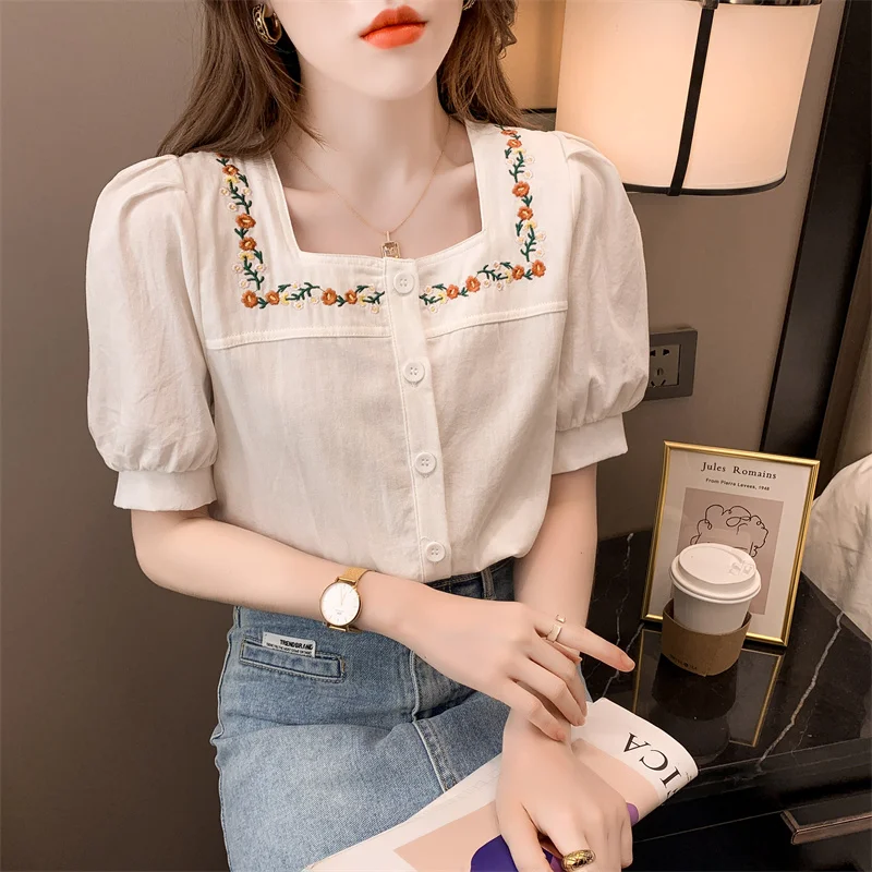 

Flower Blouse Mori Girl 2022 Summer New Embroidered Polo Collar Shirt Puff Sleeve Temperament All-Match Short-Sleeved Women Tops