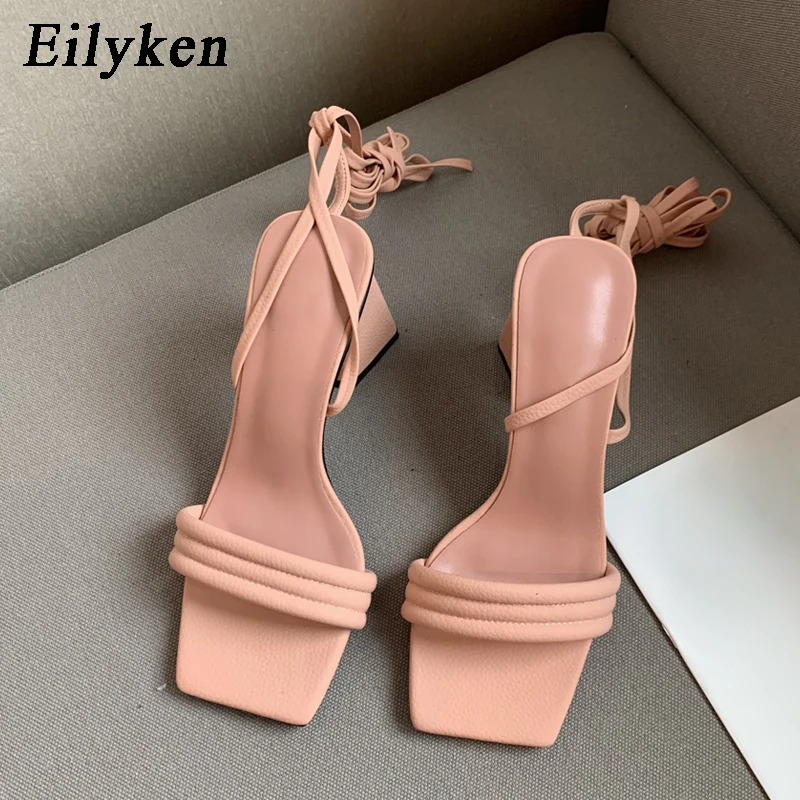 

Eilyken New Narrow Band Square Toe Women Sandals Summer Ankle Cross Strap Ladies Casual Outdoor Thick High Heels Shoes