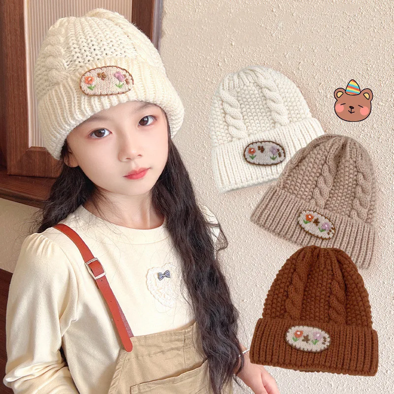 

Warm Sweet Girl Beanie Cute Retro Floral Crochet Bonnet for Toddler Girl Beige Coffe Color Autumn Winter Warm Hat for Kids Girl