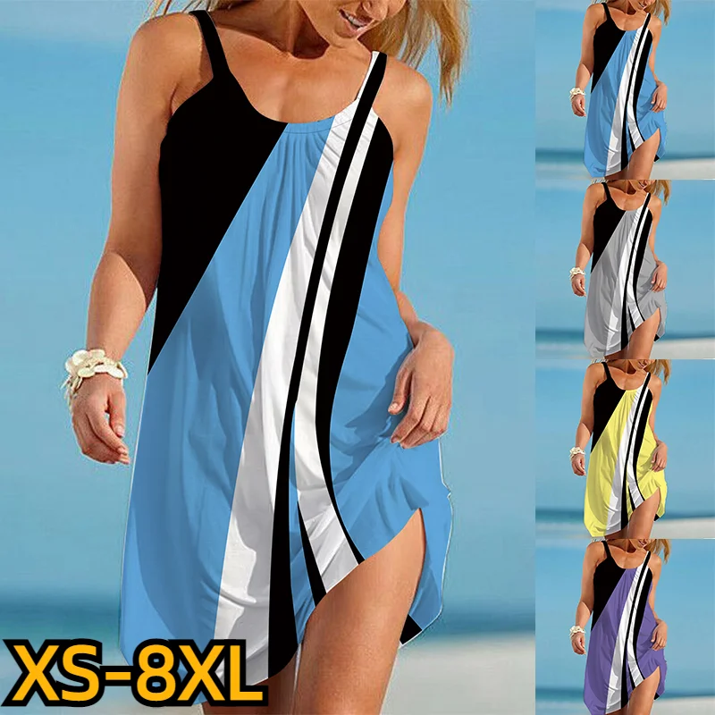 

Летнее Повседневное платье-миди с принтом, свободное платье без рукавов с круглым вырезом и юбкой, модная юбка до колена с принтом, новинка ...