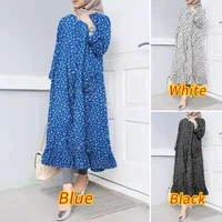 muslim fashion robe printed round neck button access control ruffled skirt with large swing abayas for women turkish vestido new