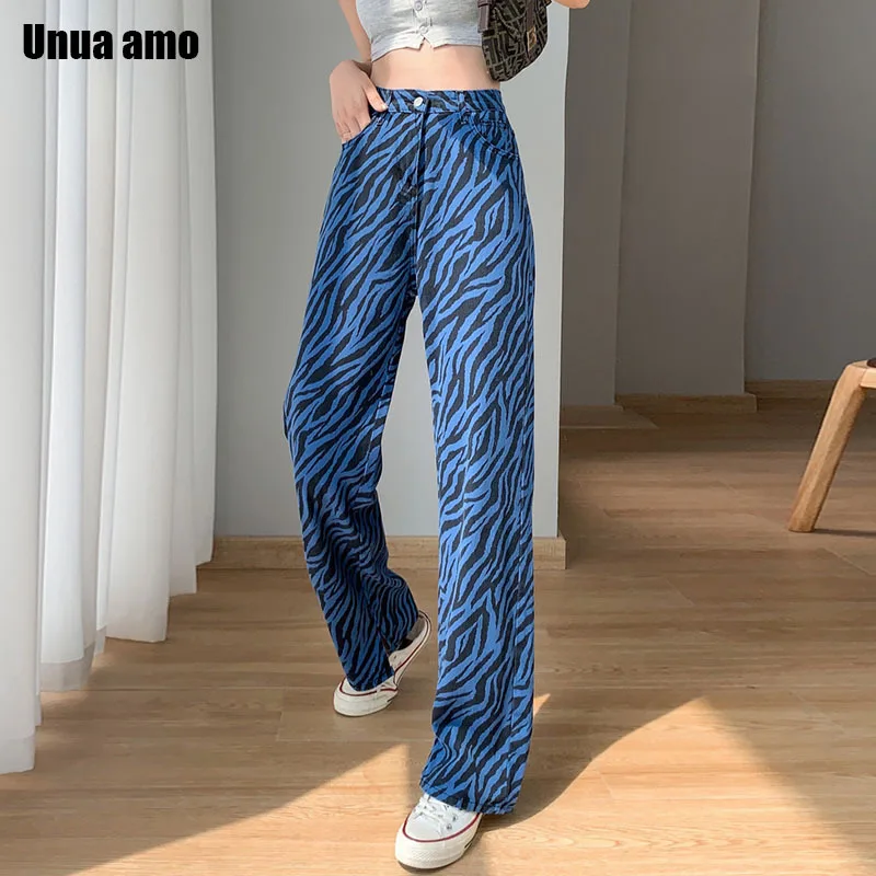 Unua amo Stylish Zebra Striped Baggy Jeans Woman High Waist Straight Trousers Female Streetwear Casual Denim Pants