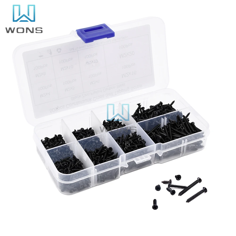

800pcs/box M2 Screw Kits Hex Socket Head Cap Screw Carbon Steel Self Tapping Screws Black Steel Hexagon Cylinder Bolt Kits