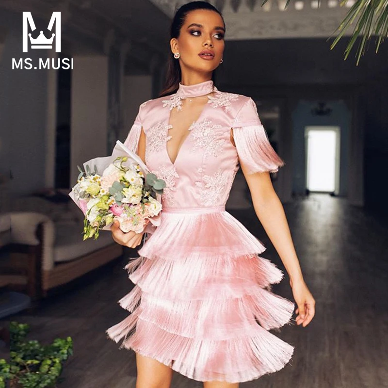 

Новинка 2023, модное женское сексуальное кружевное Сетчатое мини-платье MSMUSI с кисточками и коротким рукавом Вечерние нее Клубное облегающее платье