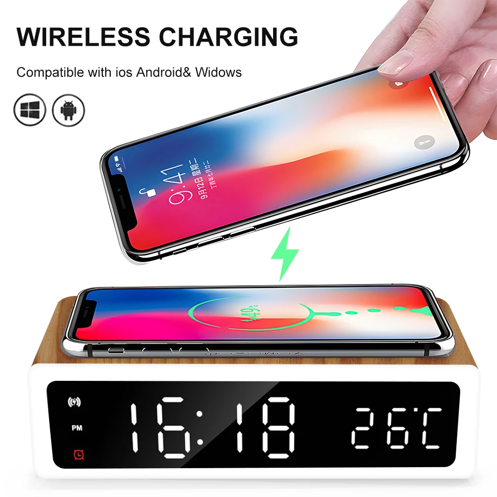 

Digital Alarm Clock With Wireless Charger Desktop Digital Thermometer Clock HD Clock With Night Light LED Electric Mirror Alarm