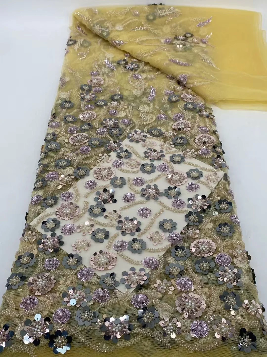 African Sequins Beaded Lace Fabric High Quality Sequence Embroidery French Nigerian For Wedding Dress