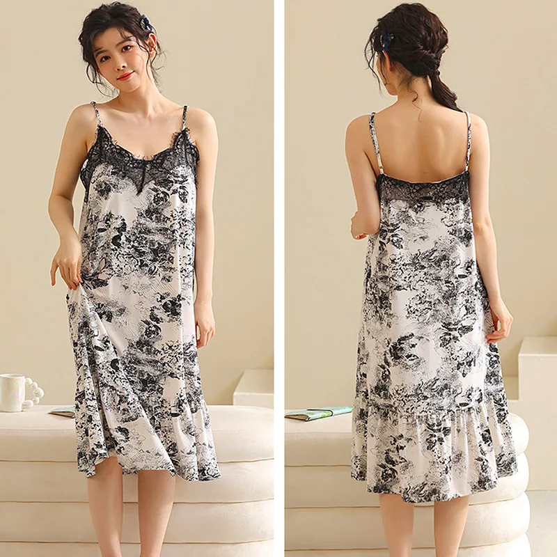 

Women Sexy V-neck Spaghetti Strap Modal Sleep Dress Lace Nightgown Sling Dress Floral Print Nightdress Lingerie Summer Bow-knot