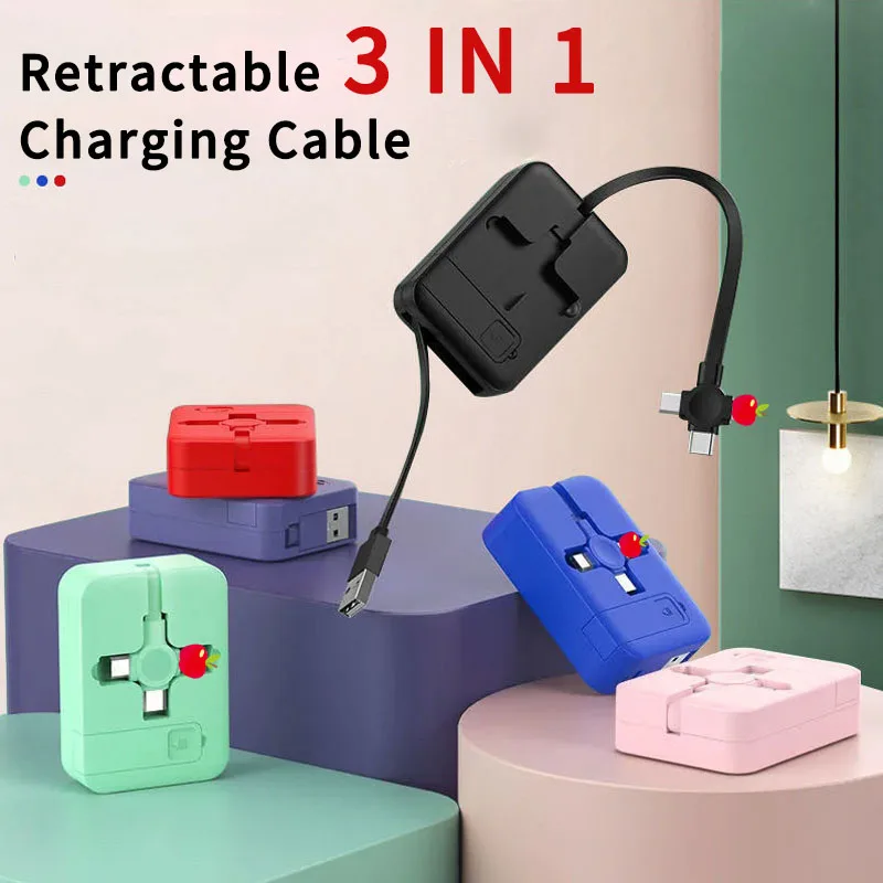 

Retractable 3 in 1 Fast Charging Cable For iPhone XR 13 Micro USB Type C Cable For Huawei Xiaomi Andriod Charging Cord Portable