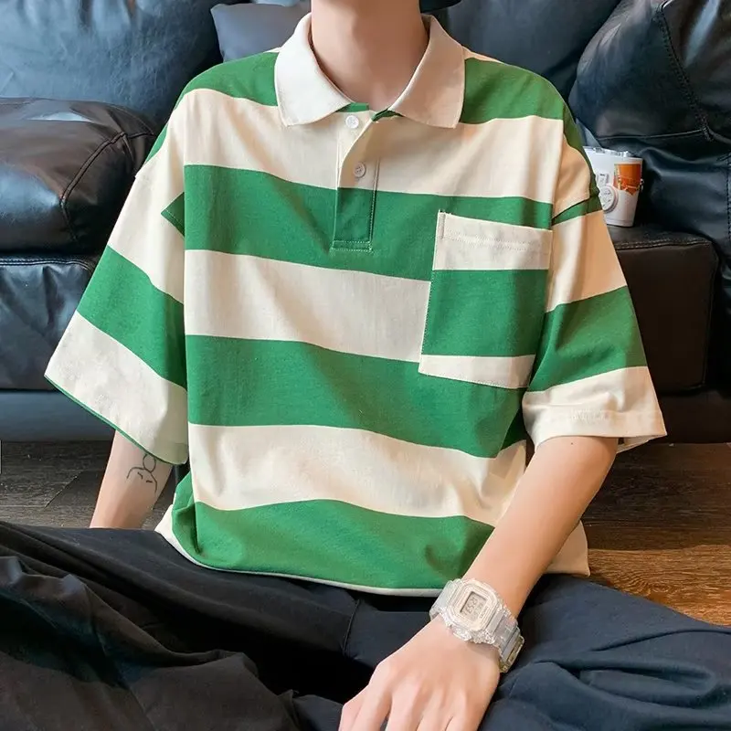 

ZCSMLL Японская уличная одежда, модная Свободная рубашка-поло с коротким рукавом, Мужская брендовая дизайнерская полосатая футболка с карманами в стиле ins
