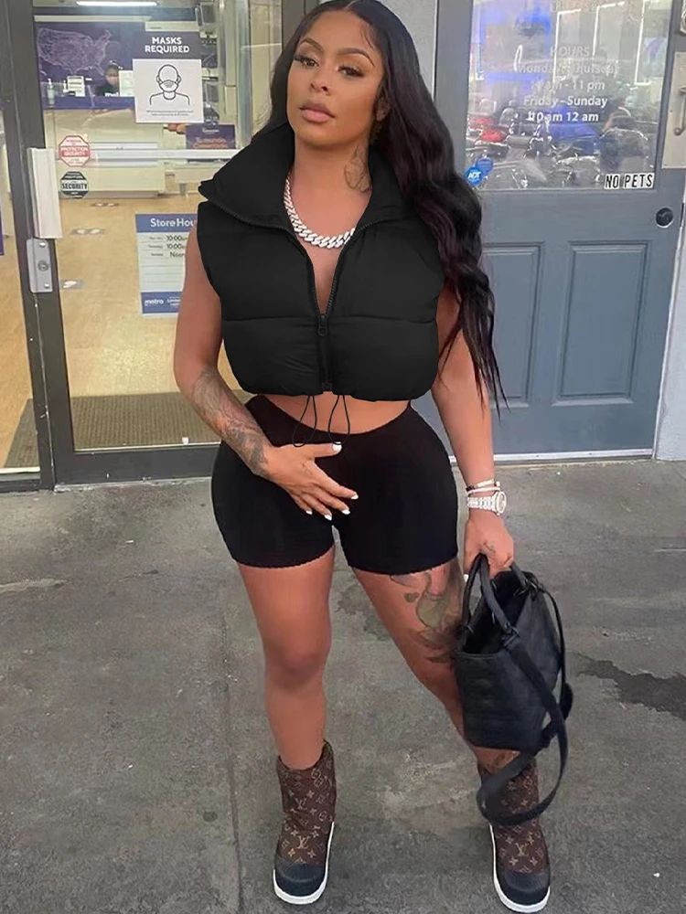 Casual Stand Collar Sleeveless Waistcoat Streetwear Zipper Front Warm Thicken Outwear Autumn Winter Women Brown Padded Vest Coat