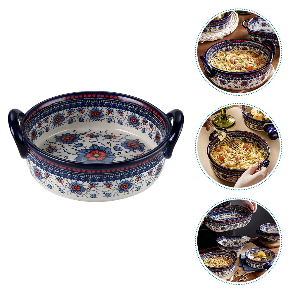 

Household Salad Ceramic Bowl Instant Noodles Holder Double Handle Baking Bowl