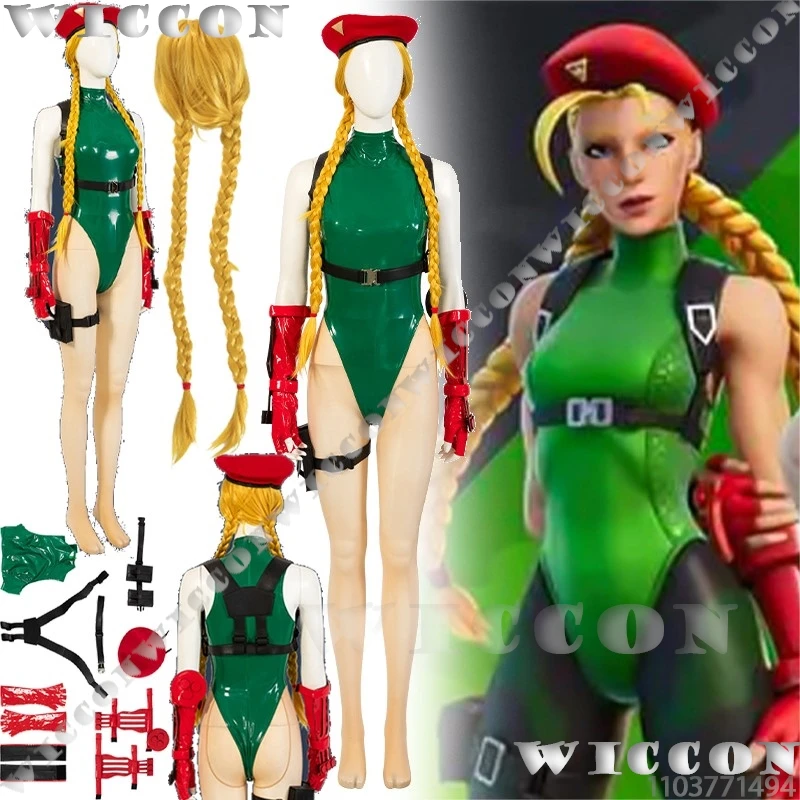 Cammy White Killer Bee Game Косплей Костюм Зеленый Комбинезон Светлая Коса Парик Сексуальный