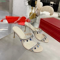 rhinestone outer wear slippers women round toe thin high heel hollow gemstone decoration sexy simple fashion summer ladies shoes