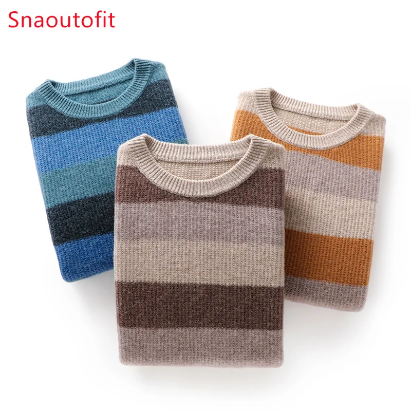 Light Luxury Business Men's Top Autumn Winter Warm Wool Knitt Sweater O-neck Stripe Urban Casual Pullover Loose Dad Formal Wear